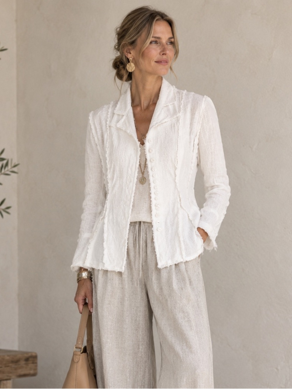 KRISTA LARSON Linen Raw Edge Boho Lagenlook Blazer Jacket \\ S/M